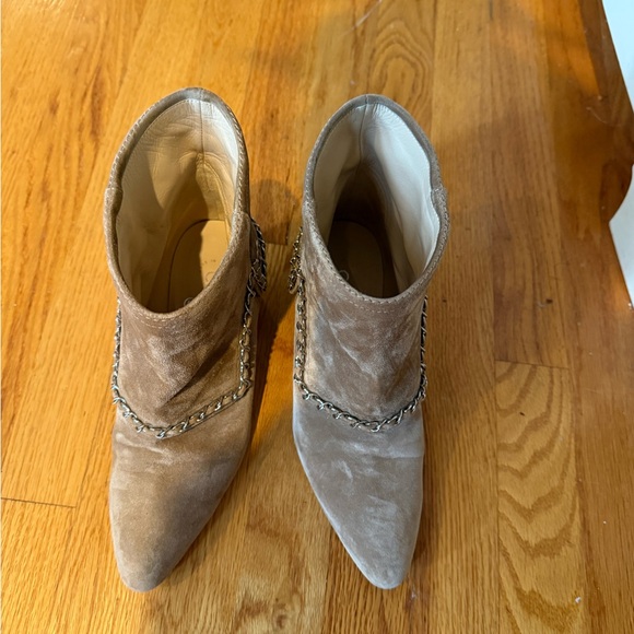 CHANEL Tan and Gray Ankle Boots with Chain Detail - Picture 1 of 6